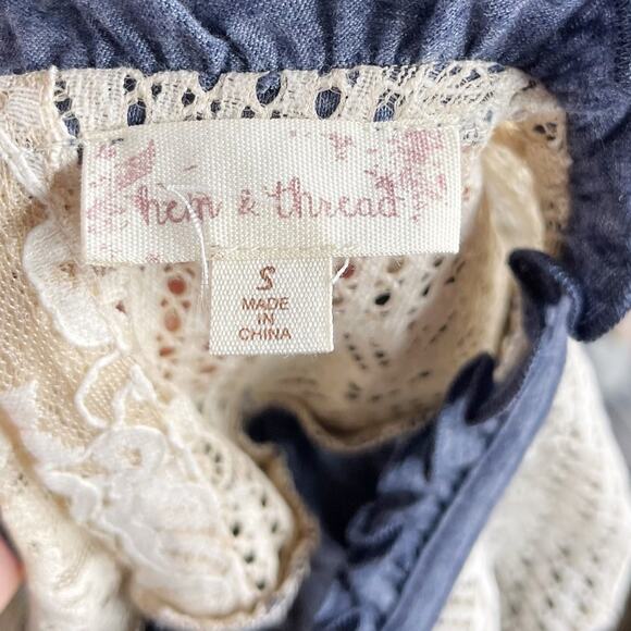 New Hem & Thread Small S Blue Cream Lace Yoke Burnout Short Sleeve Tee Cotton - Picture 8 of 10